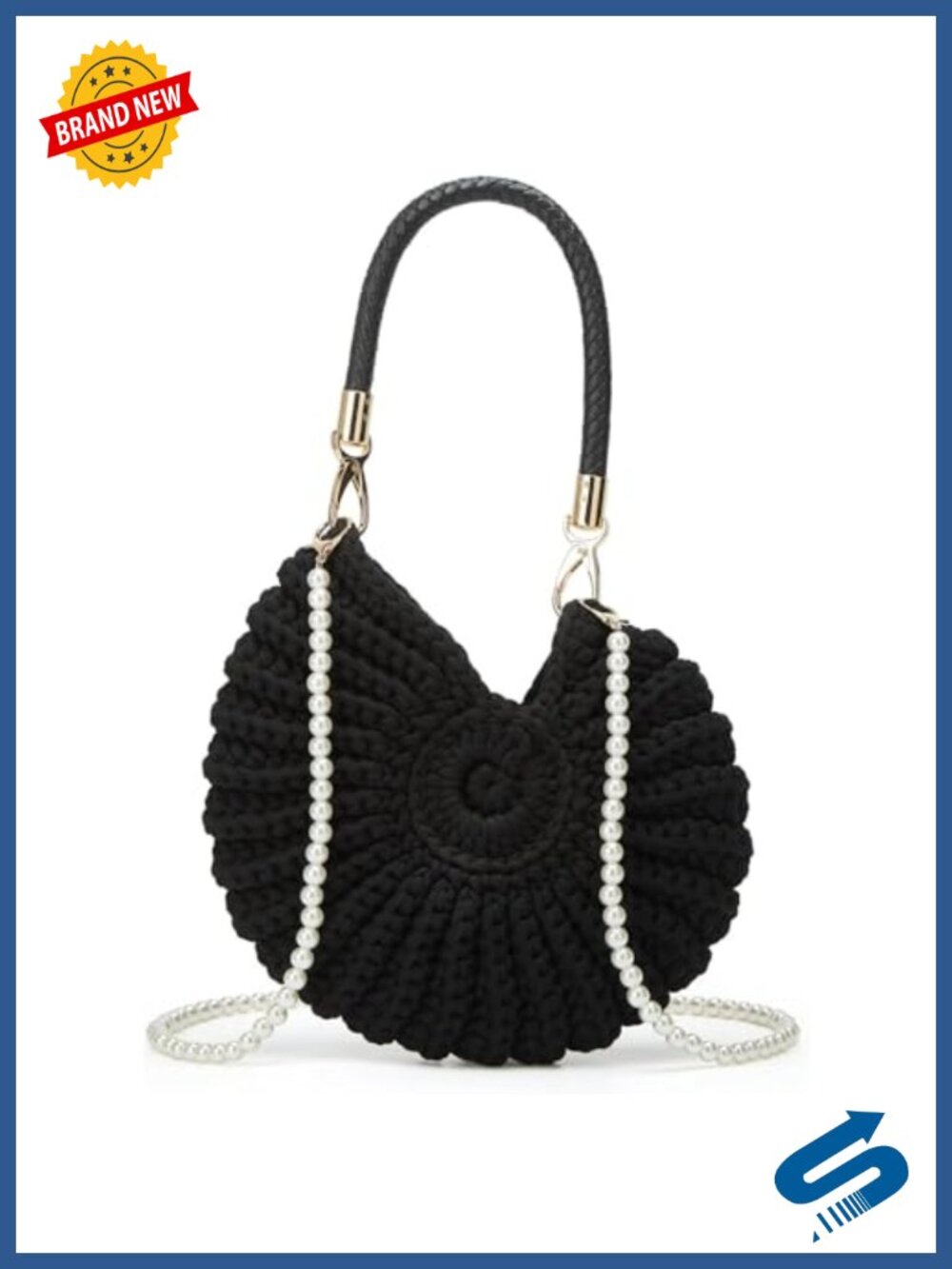 Handwoven Crochet Seashell Bag PU Leather Pearl Strap Boho Evening Clutch